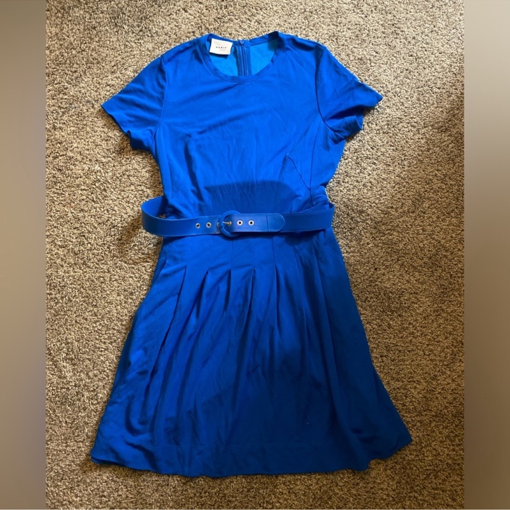 Akris punto women’s short sleeves belted pleated A line dress blue size 12